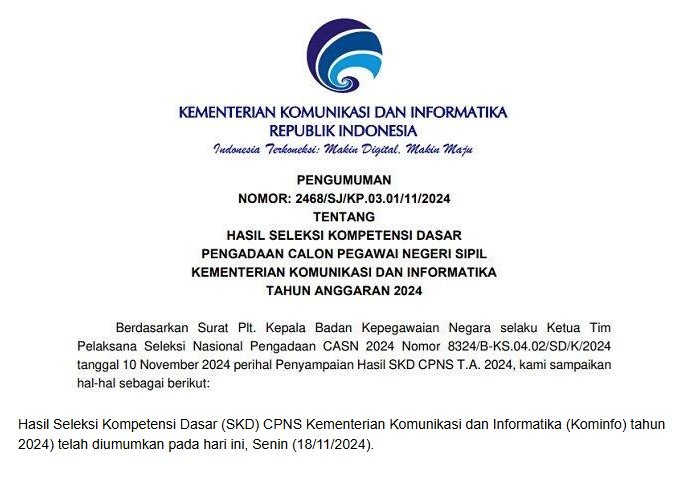 Pengumuman Hasil SKD CPNS Kominfo 2024