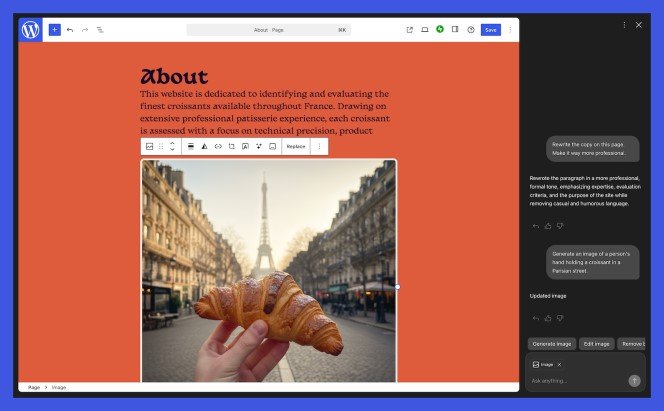 Tampilan fitur Asisten AI WordPress pada editor WordPress.com