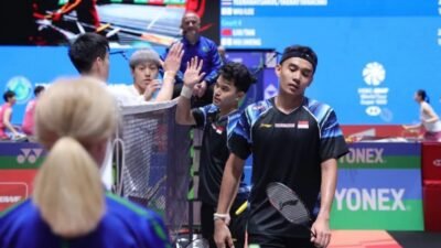 Foto Leo Rolly Carnando dan Bagas Maulana gagal di All England 2026