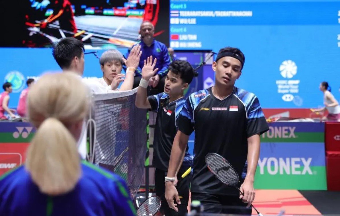 Foto Leo Rolly Carnando dan Bagas Maulana gagal di All England 2026